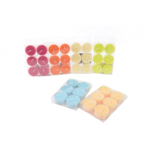 Set 6 tealight d. cm 3,9x1,7 (gr 12) colori e fragranze assortite scatola trasparente 