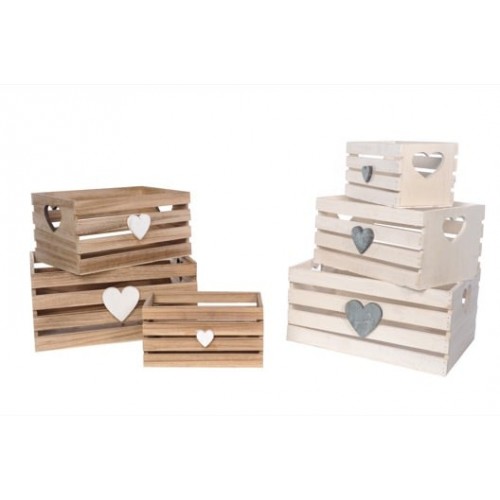 Set 3 cassette con cuore decorativo in legno 