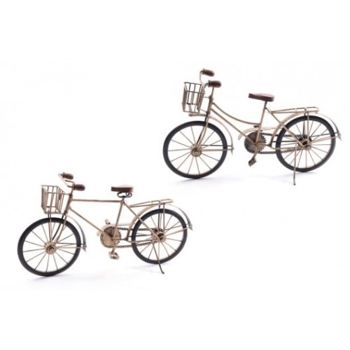 Bicicletta decorativa in ferro dorato con accessori in legno e cesto in metallo cm 49x13x26 decori a