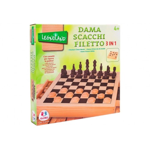 Gioco scacchi dama filetto in legno