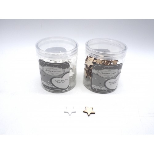 Barattolo c/70stelline legno diam.2cm. (8,5x7,5cm.) 2colori