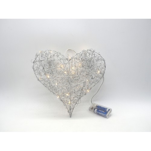 Cuore metallo argento pieno d.25cm. c/20luci led calda i mis.