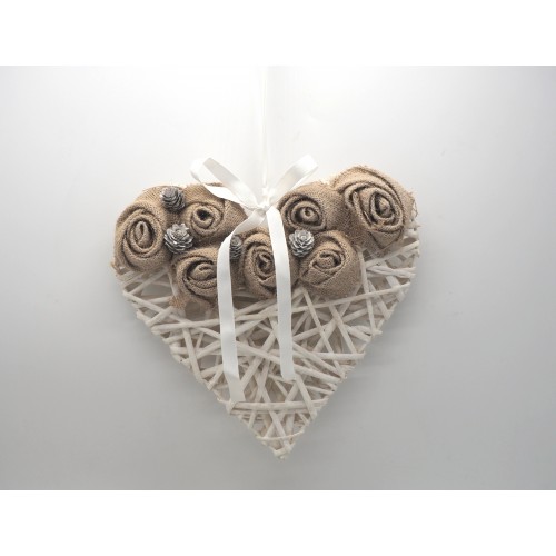 Cuore legno rami bianco c/rose juta iv mis. d.30x7cm.