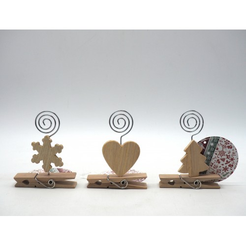 Segnaposto legno natale 'decoupage' c/base molletta 7x2x1,5cm. 3ass.