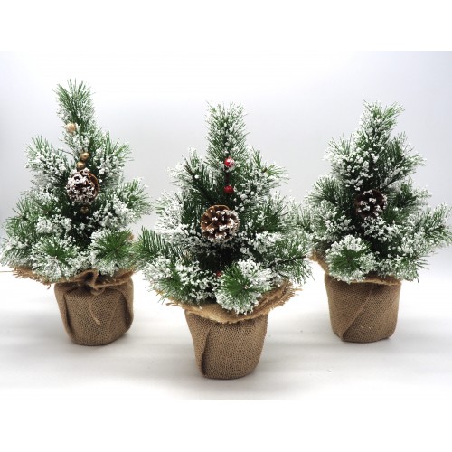 Pino nevato c/base juta h.33cm. c/bacche rosse+pigne