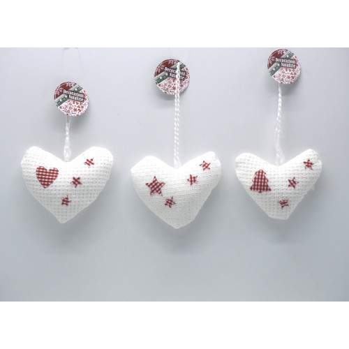 Cuore stoffa bianco imbottito d.10cm. dis.quadretti 3ass.ti